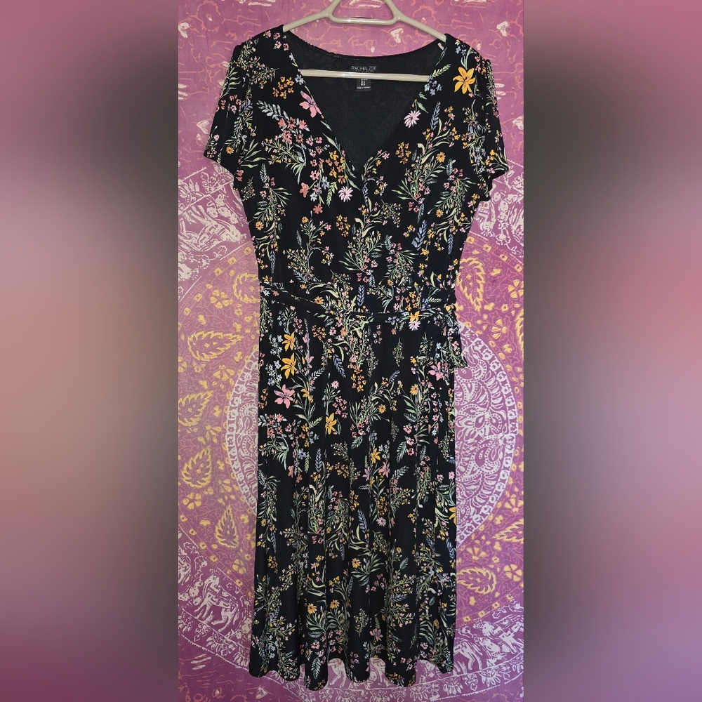 Rachel Zoe Floral Midi Mock-Wrap Dress Medium Black Tie-Waist V-Neck